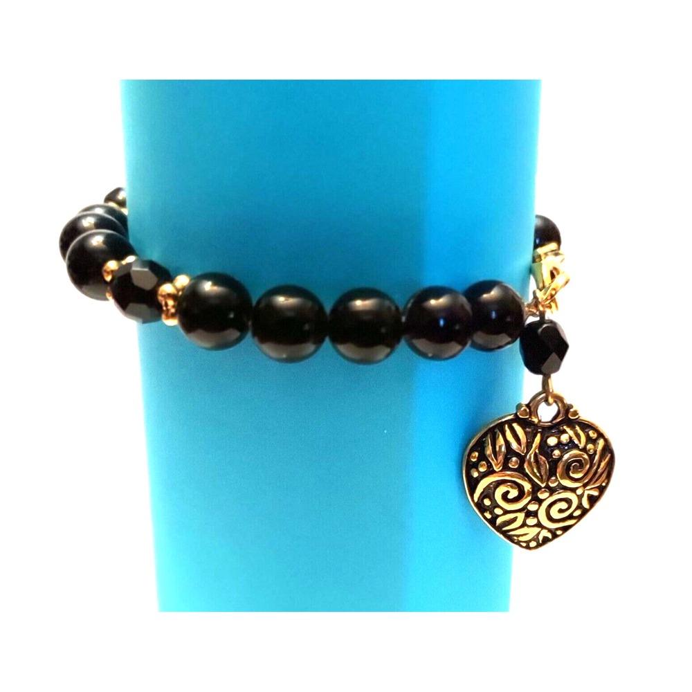 Bracelet- Black Beads Goldtone Heart
